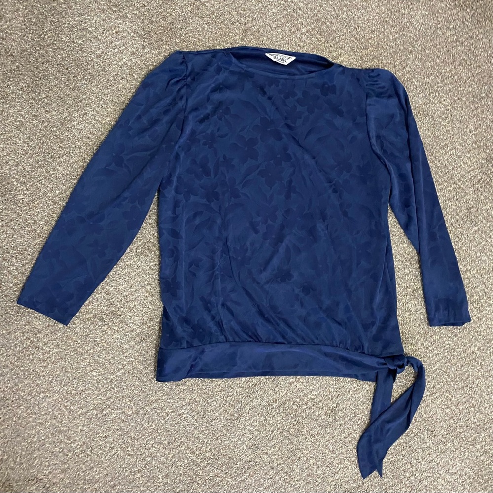 Blair Floral Long Sleeved Blouse Blue Side Tie Ladies Size Large EUC